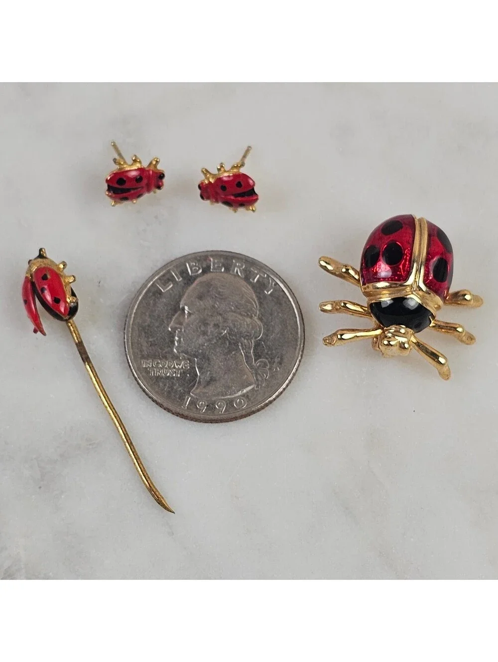 Vintage Ladybug Jewelry Set Brooch Stick Pin Post Earrings Red Enamel